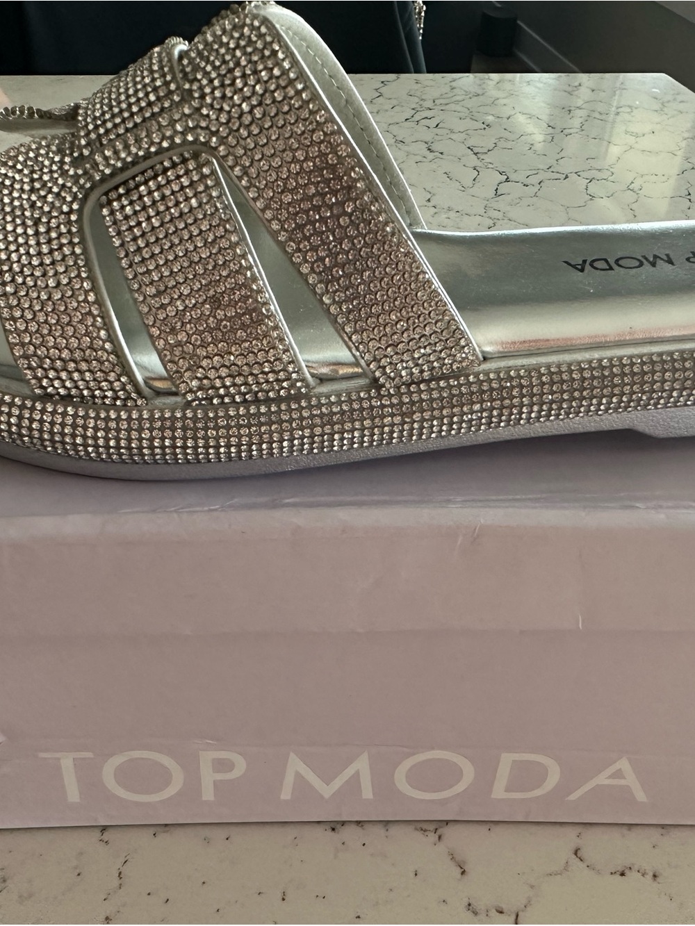 TOP MODA Silver Rhinestone Slide Sandals